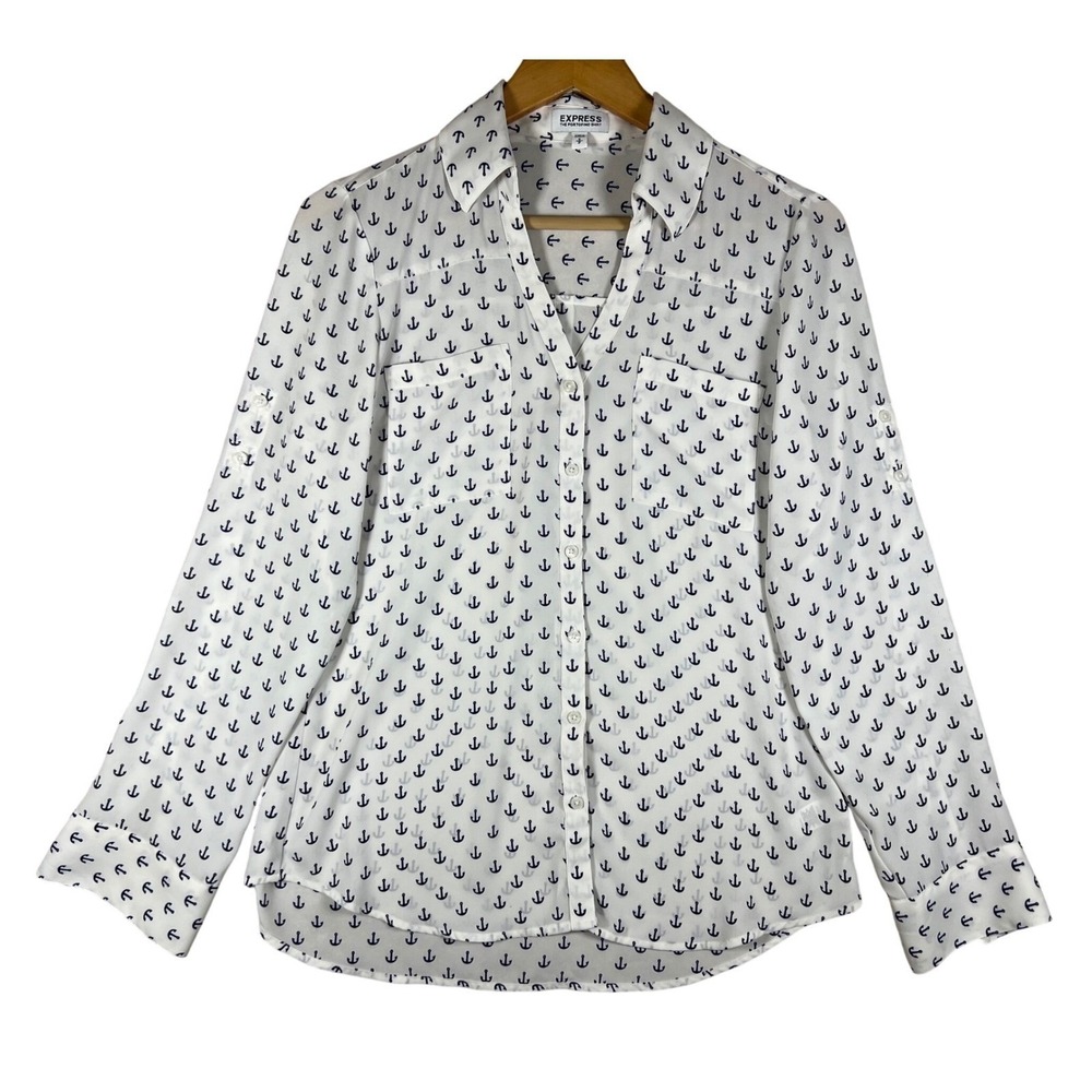 Express The Portofino Shirt S Anchor Print Long Roll Tab Sleeve Blouse Nautical